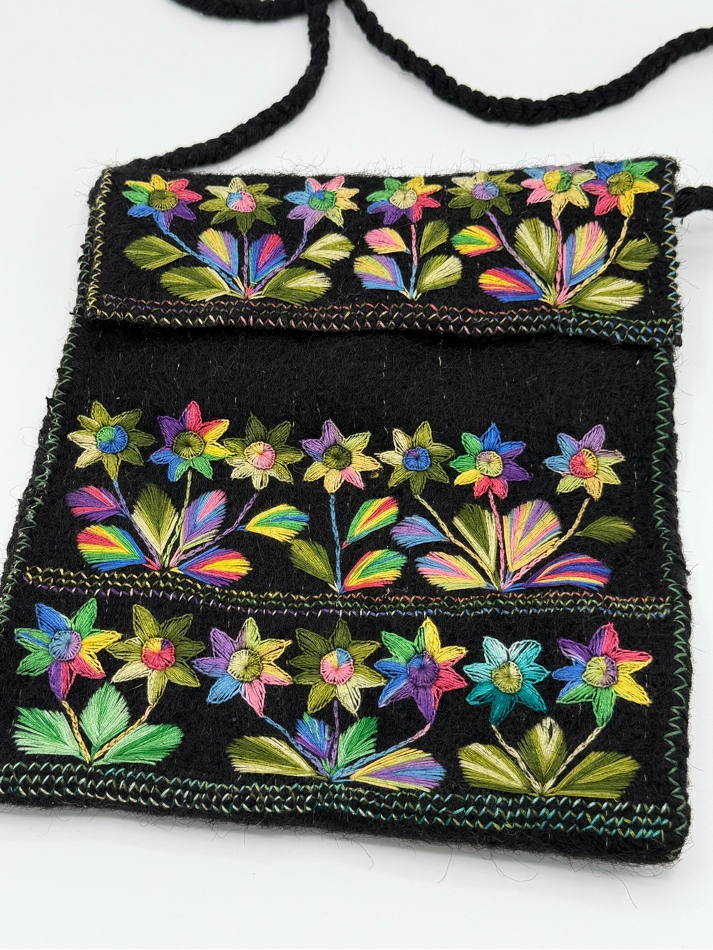 Vintage Hand Embroidered Black Wool Folk Art Crossbody Bag Rainbow Floral Boho